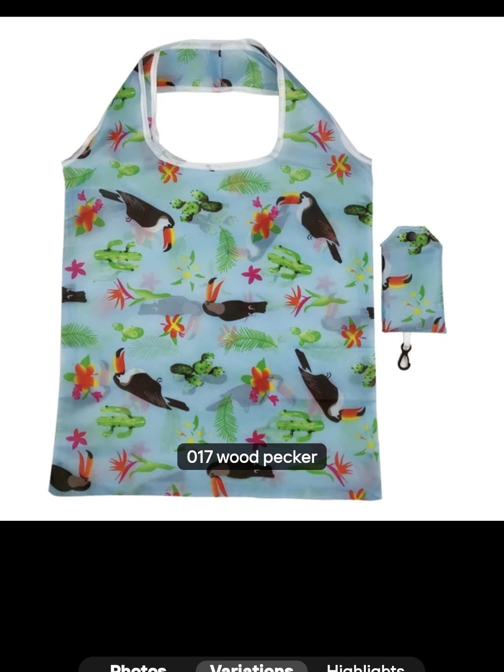 Reusable Tote Bag in Light Blue with Toucan Print NWOT
